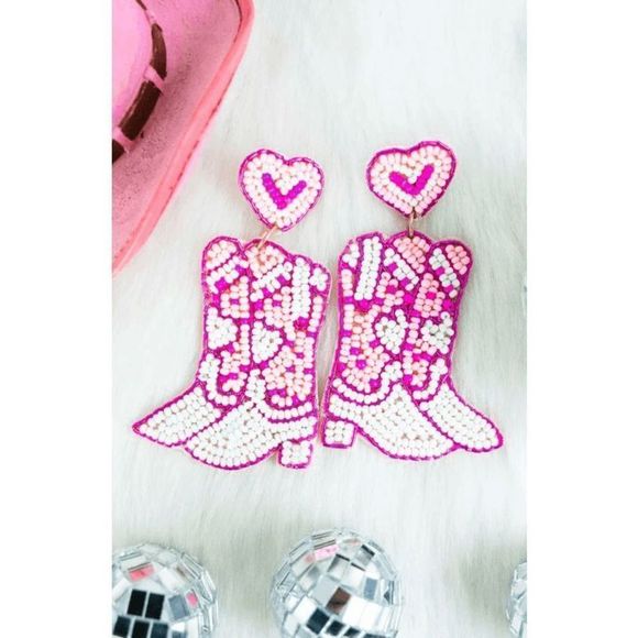Pretty in Pink Cowgirl Boot Seed Bead Heart Earrings - Picture 1 of 4